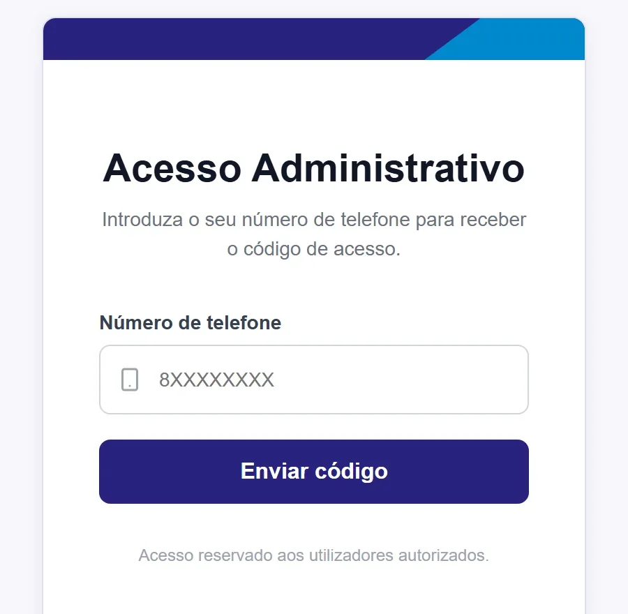 Ecrã de acesso administrativo com envio de código