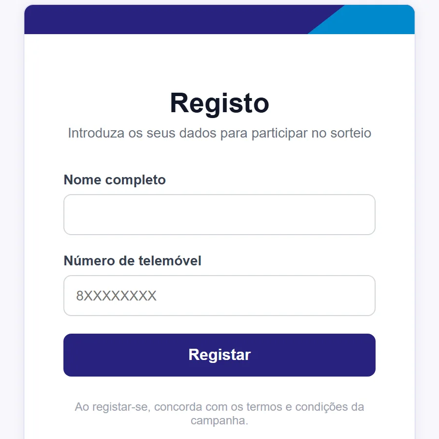 Formulário de registo com nome e telemóvel